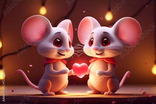 Two adorable cartoon mice showing their affection, accompanied by a heart, Valentine's Day © Alina