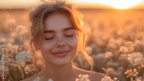 beautiful young woman in buckwheat flowers field smelling flower with eyes closed  at sunset  