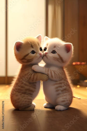 Tiny cartoon kittens sharing a warm embrace