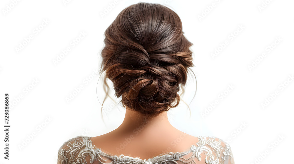 beauty wedding hairstyle rear view isolated on white   - obrazy, fototapety, plakaty 