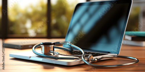 Laptop on table with stethoscope for antivirus protection photo