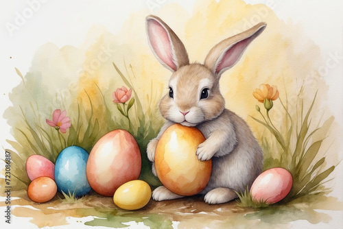 Watercolor Easter bunny with Easter eggs. AI generated © Mystery