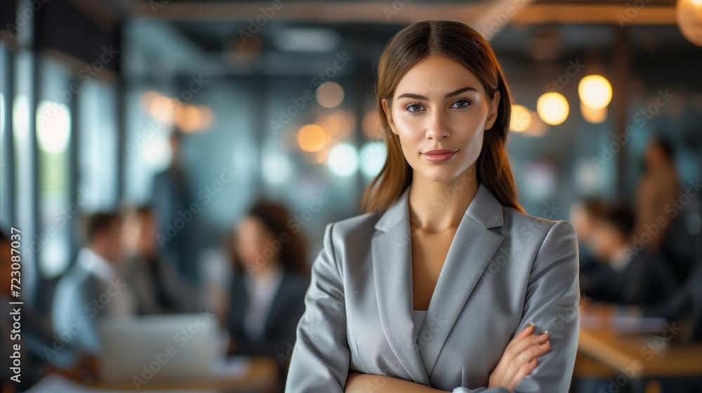Confident Businesswoman in Gray Business Suit Standing With Arms Crossed in Office Confident Businesswoman in Gray Business Suit Standing With Arms Crossed in Office
