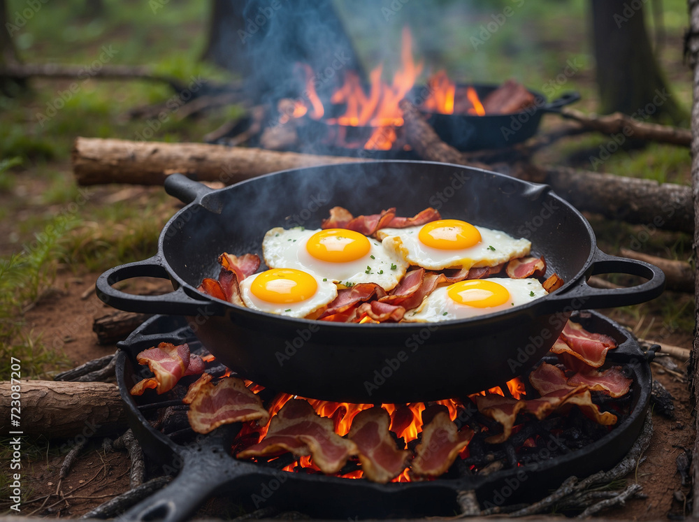 Camping breakfast with bacon and eggs in a cast iron skillet. Fried eggs with bacon in a pan in the forest. Food at the camp. Scrambled eggs with bacon on fire.