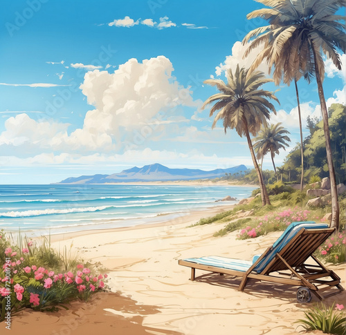 Beautiful beach with palm trees, sunbeds and flowers