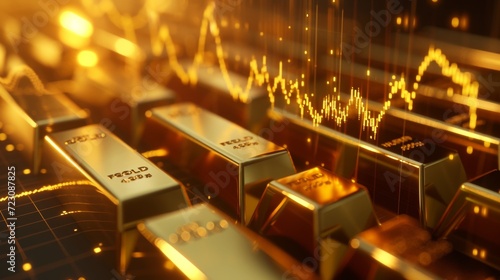 A creative visual of a gold investment chart, with shimmering gold bars forming a fluctuating line graph The backdrop is a sophisticated financial market scene, adding depth to the investment t