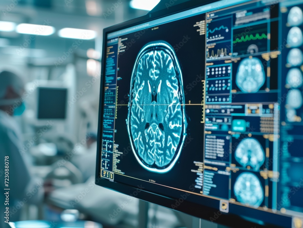 Fototapeta premium A detailed view of a brain MRI scan being analyzed by neurologists in a high-tech medical office, emphasizing the intricacies of brain injury Created Using neurologists, brain MRI scan, medical