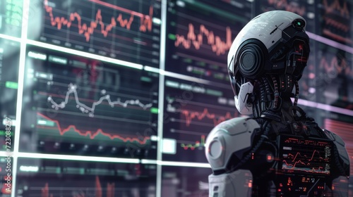 A digital art piece of a sophisticated robot analyzing stock market trends on multiple futuristic screens, symbolizing advanced trading technology Created Using Modern digital style, robot with