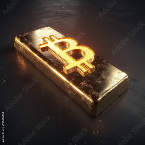 A digital art piece showing a shiny gold bar and a glowing Bitcoin symbol side by side on a sleek, black surface The gold bar reflects light realistically, while the Bitcoin symbol has a futuri photo