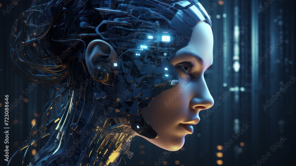 Woman's robotic cyborg head with hologram screen effect, humanoid machine future technology background wallpaper. Woman's robotic cyborg head with hologram screen effect, humanoid machine future technology background wallpaper.