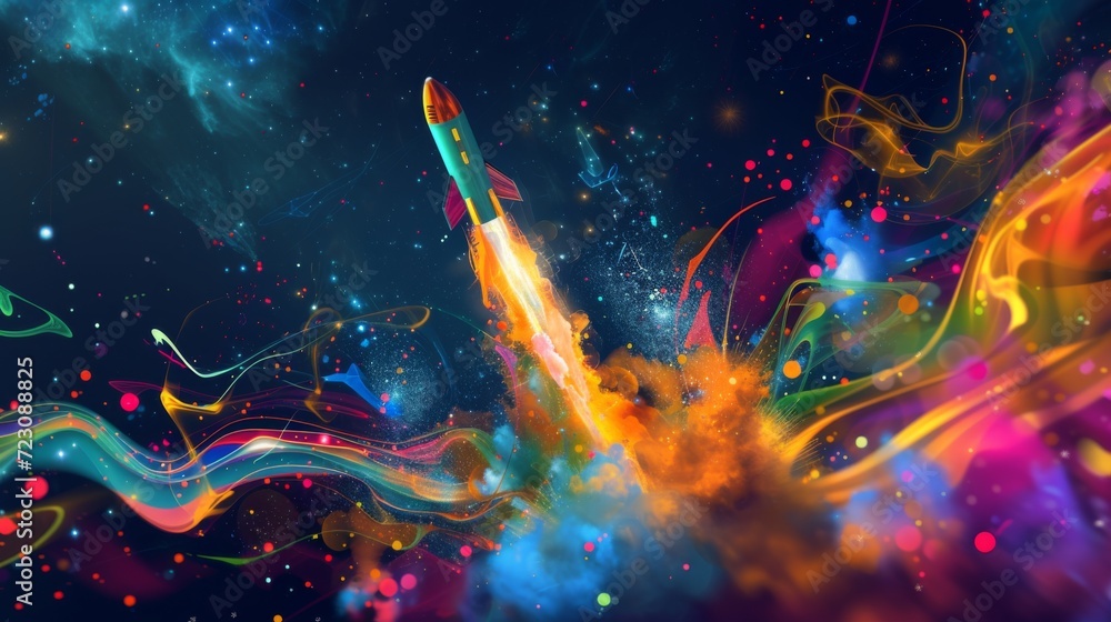 A dynamic depiction of a rocket blasting off, surrounded by a vortex of colorful abstract shapes and symbols representing innovation and creative thinking The scene is set against a cosmic back - obrazy, fototapety, plakaty 