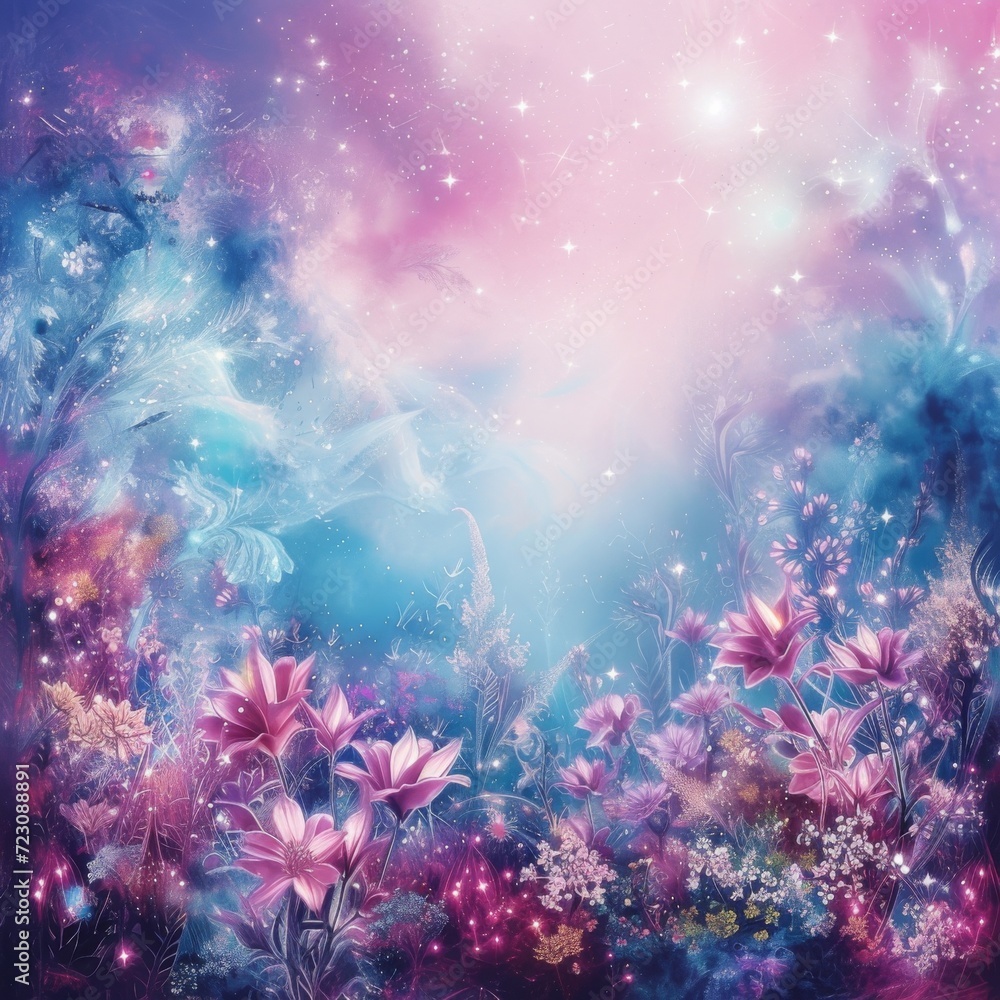 A fantasy artwork of a mystic space realm, a cosmic garden with celestial flowers and soft starlight, ethereal atmosphere Dreamlike space flora and fauna Created Using watercolor technique, fan