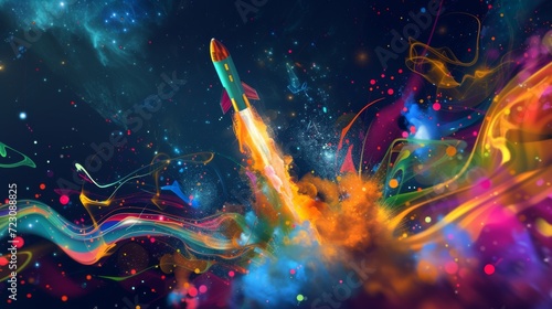 A dynamic depiction of a rocket blasting off, surrounded by a vortex of colorful abstract shapes and symbols representing innovation and creative thinking The scene is set against a cosmic back photo