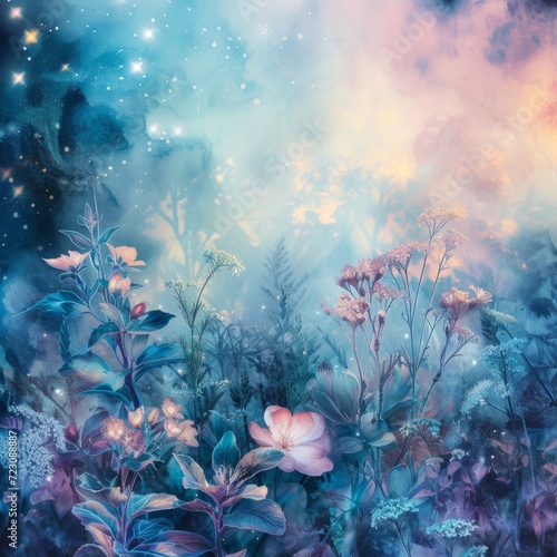 A fantasy artwork of a mystic space realm  a cosmic garden with celestial flowers and soft starlight  ethereal atmosphere Dreamlike space flora and fauna Created Using watercolor technique  fan
