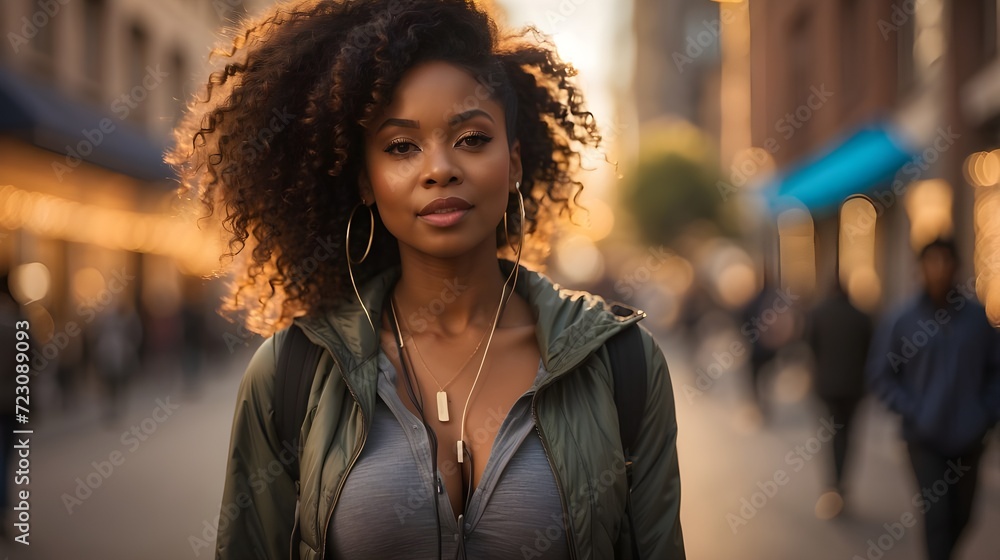 Jeune femme avec des écouteurs dans la rue Jeune femme avec des écouteurs dans la rue