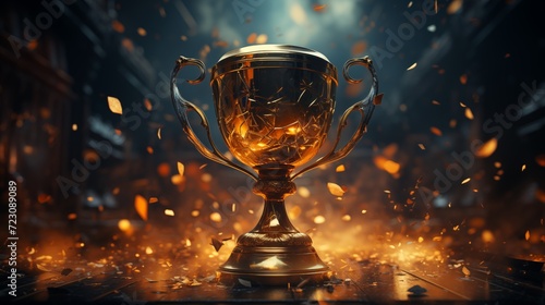 Golden Trophy Cup with Confetti Background. Generative AI