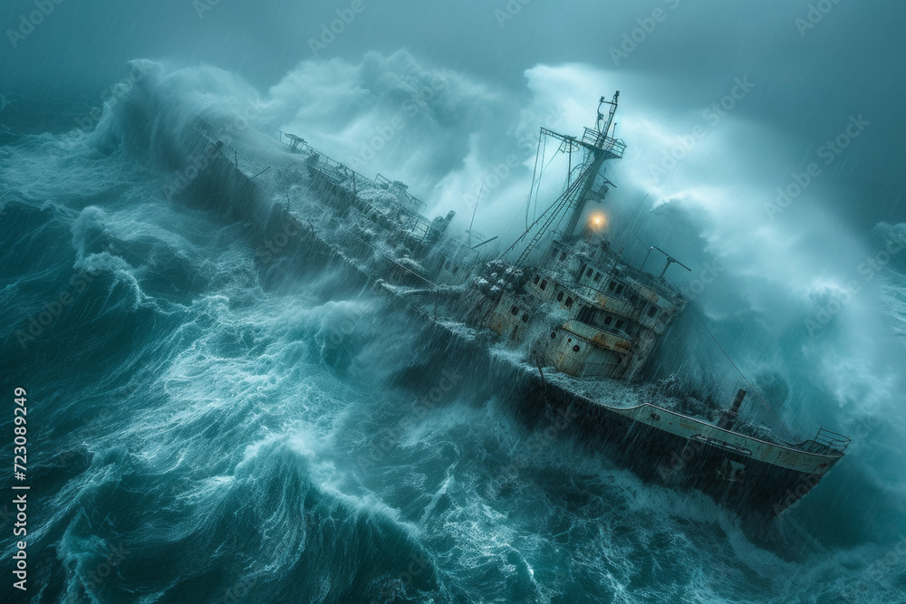 ship facing disaster and tornado storm in the sea ship facing disaster and tornado storm in the sea