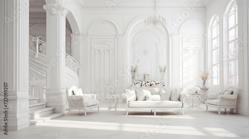 Luxurious family room interior, modern house in classic European style, white walls, floors and furniture. photo