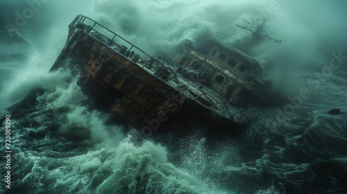 ship facing disaster and tornado storm in the sea