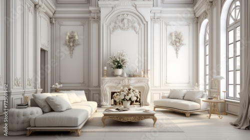 Luxurious family room interior, modern house in classic European style, white walls, floors and furniture. © Muamanah