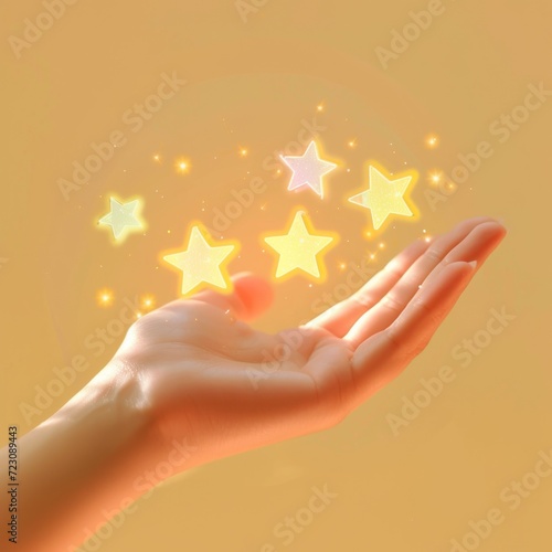 A hand showcasing a 5-star rating with neon-style stars, set against a soft-focus, pastel yellow background The image blends a modern, lively rating with a soft, inviting backdrop Created Using