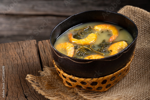 Tacacá, typical food from the Brazilian Amazon. Made with tucupi, jambu and shrimp.