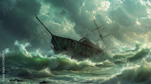 ship facing disaster and tornado storm in the sea