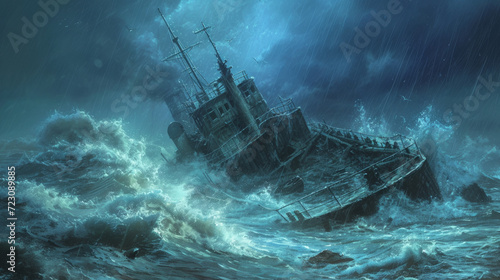 ship facing disaster and tornado storm in the sea