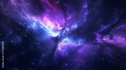 A photograph of a mystic space background, vibrant nebula with swirling colors of purple and blue, stars twinkling in the distance Ethereal cosmic rays piercing through Created Using high-resol photo