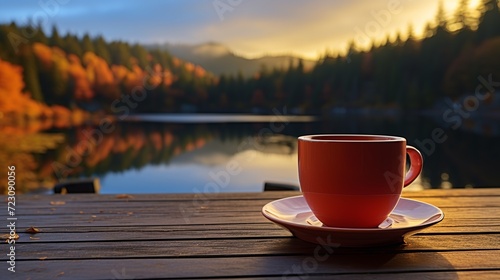 Cup of coffee with a spoon, Zlatar mountain background photo