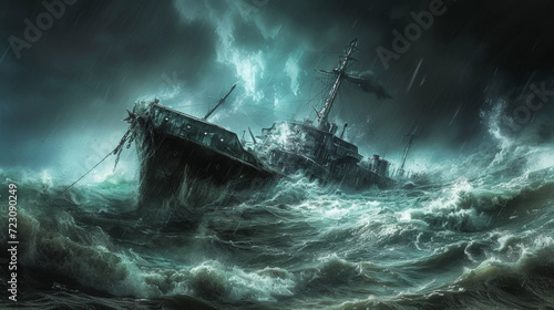 ship facing disaster and tornado storm in the sea