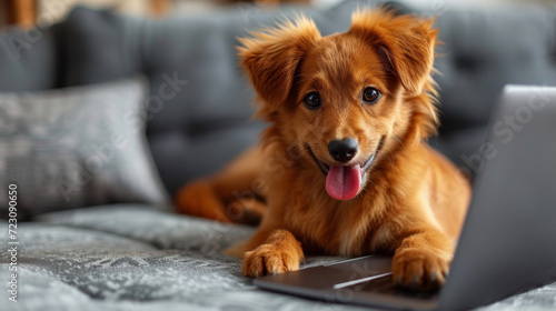 smart dog using a laptop