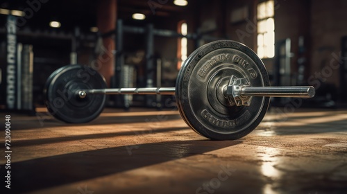 Fitness equipment iron barbell on gym studio floor, weight lifting equipment fitness.