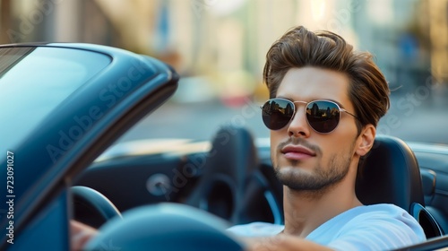 Handsome young man with beard wearing sunglasses, smiling and looking at the camera. Driving a convertible cabriolet open top or open roof car on a sunny summer day photo