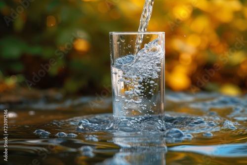 Clear water fall in glass, water surface on background.