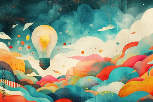 A whimsical illustration of a lightbulb as a hot air balloon, floating in a sky filled with colorful, imaginative shapes and patterns Created Using Whimsical illustration style, hot air balloon