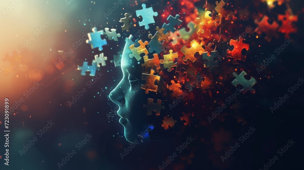 An abstract human head with jigsaw puzzle pieces floating around it, each piece glowing, in a dark mystical background Created Using Abstract human head, floating jigsaw pieces, glowing effect, - obrazy, fototapety, plakaty 
