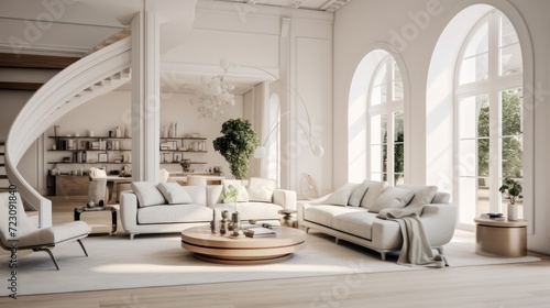 Luxurious family room interior, modern house in classic European style, white walls, floors and furniture. © Muamanah