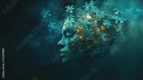 An abstract human head with jigsaw puzzle pieces floating around it, each piece glowing, in a dark mystical background Created Using Abstract human head, floating jigsaw pieces, glowing effect,