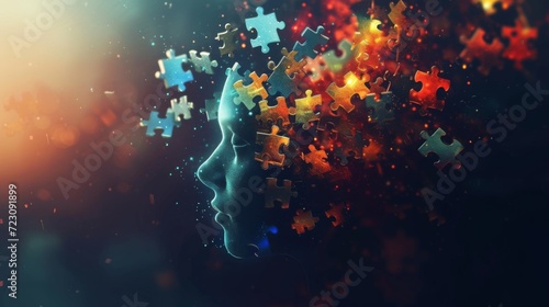 An abstract human head with jigsaw puzzle pieces floating around it, each piece glowing, in a dark mystical background Created Using Abstract human head, floating jigsaw pieces, glowing effect, #723091899