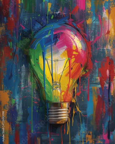 An artistic painting of a lightbulb with colorful paint dripping from it, set against a canvas of various creative tools Created Using Oil painting style, dripping paint effect, rainbow colors,