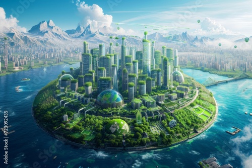 An artistic rendering of Earth rejuvenating through sustainable practices, with visuals of clean oceans and green cities Created Using Artistic style, rejuvenated Earth, clean oceans, green urb #723092435
