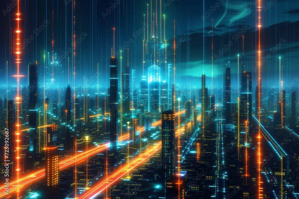 An illustration of a future cityscape with secure data towers and encrypted networks, representing the evolution of cybersecurity Created Using Futuristic urban landscape, towering data centers An illustration of a future cityscape with secure data towers and encrypted networks, representing the evolution of cybersecurity Created Using Futuristic urban landscape, towering data centers