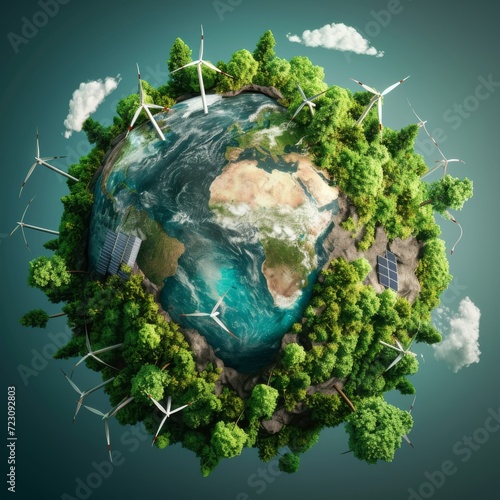 An image of the Earth with lush green forests and clean oceans, highlighting renewable energy sources like wind turbines and solar panels The scene represents a sustainable and balanced ecosyst