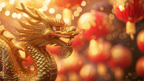 Chinese New Year background with a golden dragon and lanterns
