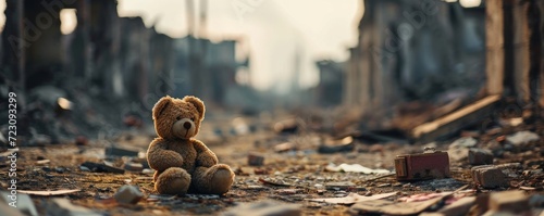 kids teddy bear toy over city burned destruction of an aftermath war conflict, earthquake or fire and smoke of world war against children peace innocence as copyspace, Generative AI photo
