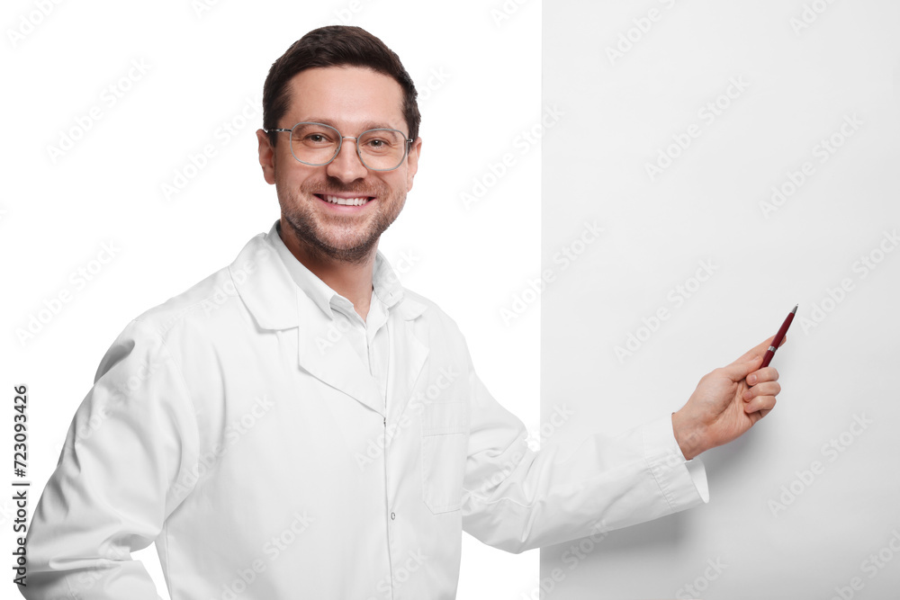 Ophthalmologist pointing at blank banner on white background, space for text Ophthalmologist pointing at blank banner on white background, space for text