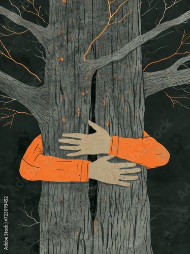 An illustration that shows a tree trunk hugged by the hands