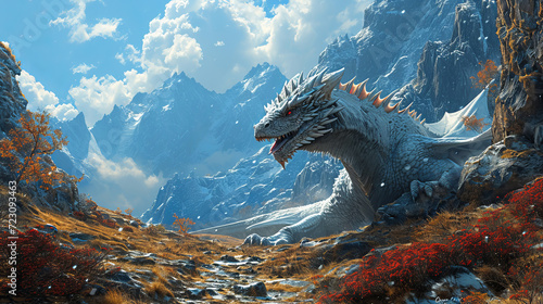 Fantasy dragon stands on the beautiful snowy mountains background. © tynza