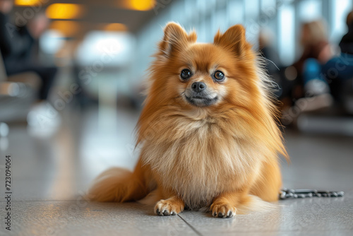 traveling with pets, pomeranian dog in the waiting room of an airport or train station
